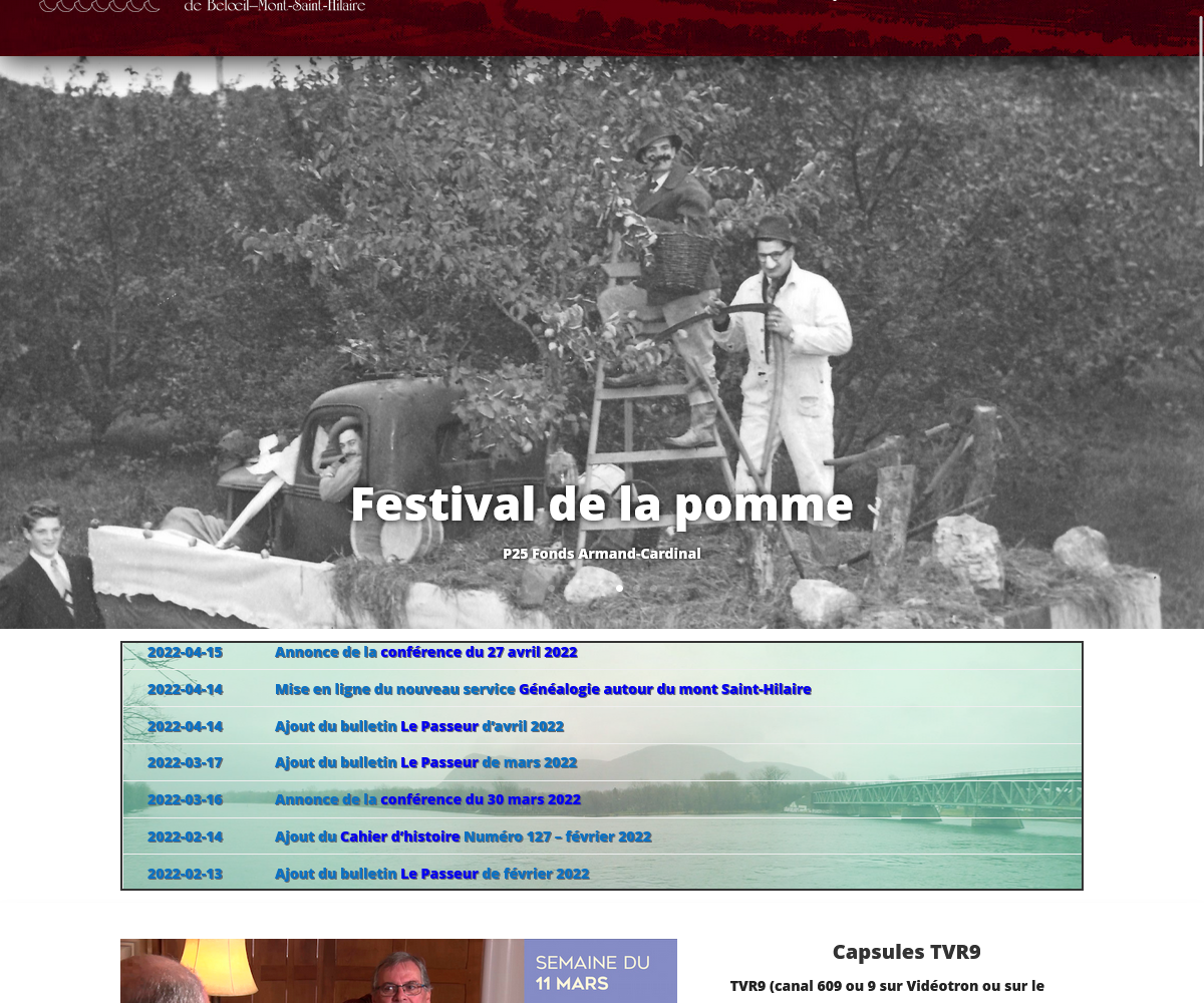 Capture de la page d'accueil du site de la Société d'histoire de Beloeil-Mont-Saint-Hilaire