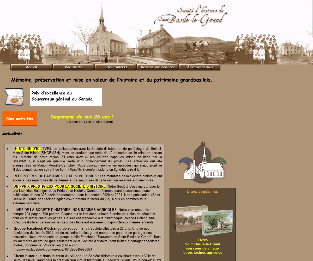 Capture de la page d'accueil du site de la Société d'histoire de Saint-Basile-le-Grand