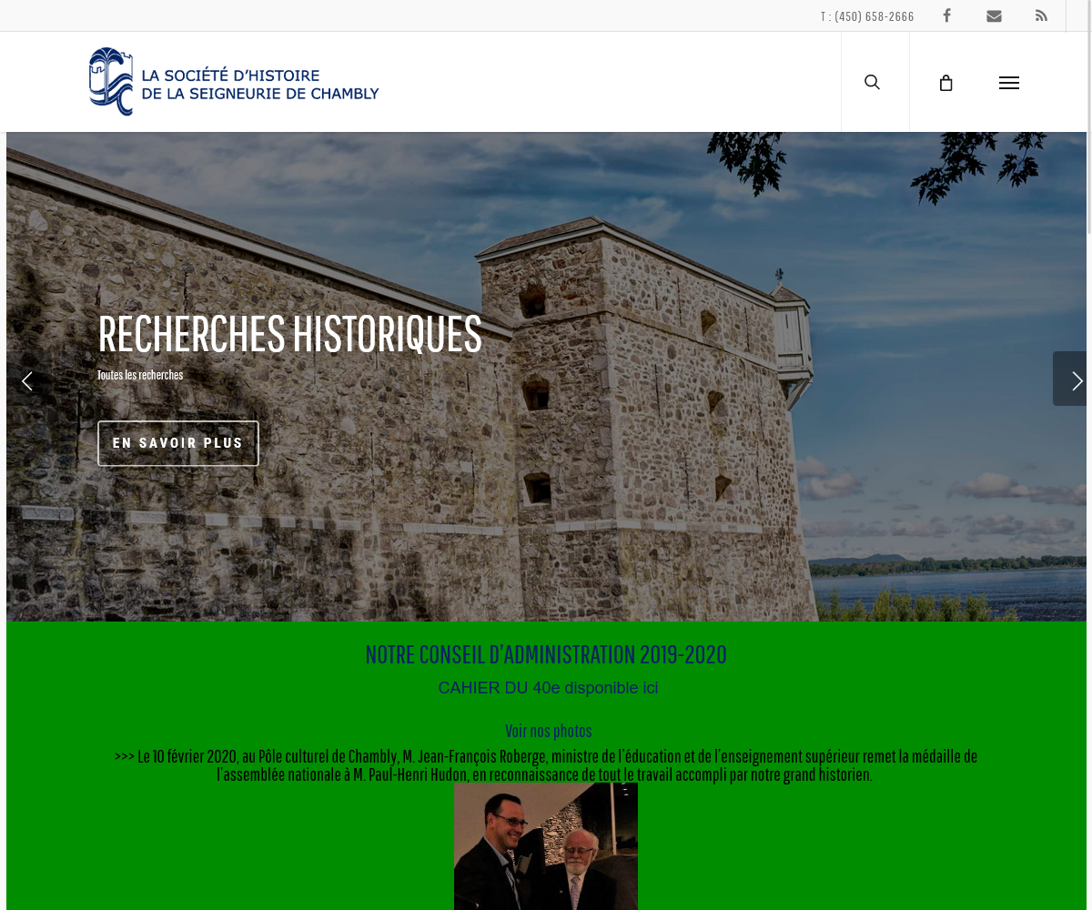 Capture de la page d'accueil du site de la Société d'histoire de la Seigneurie de Chambly